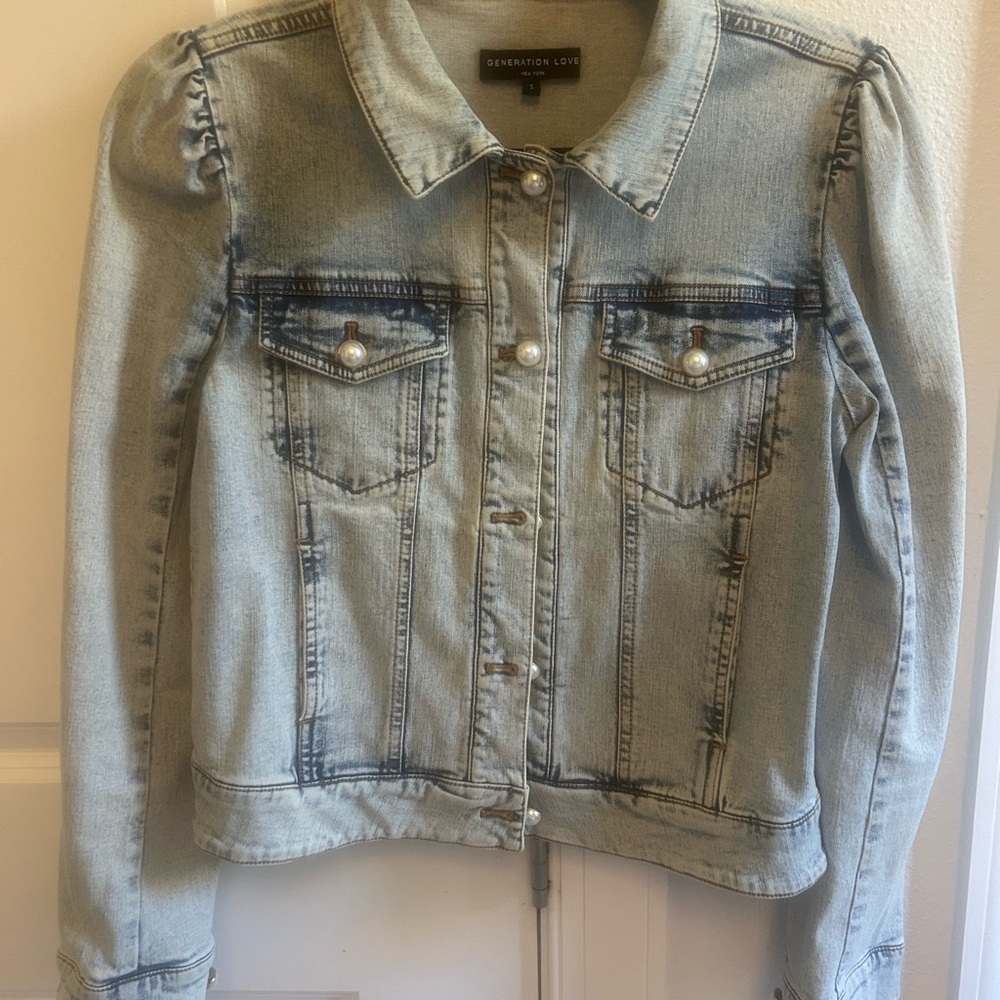 Generation Love Distressed Light Blue Denim Jacket with Pearl Buttons